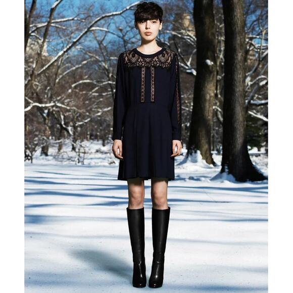 Sea New York $345 lace trim long sleeve shirred waist mini dress flowy sz 4 - Picture 1 of 11